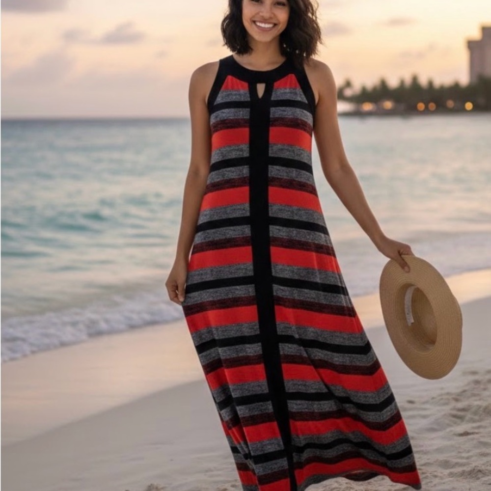 Chic Striped Swim Cover-Up in Red and Black